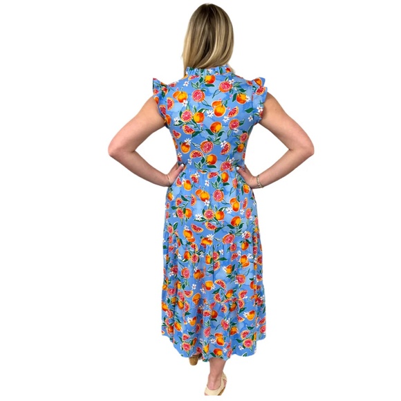 Liza Byrd Campbell Flutter Sleeve Midi in Fresh Squeezed Periwinkle Orange NWT - Picture 2 of 3